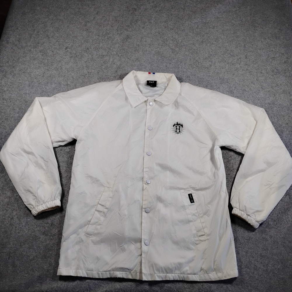 HUF x‎ Thrasher Mens White Nylon Coaches Jacket Graphic Streetwear Size M